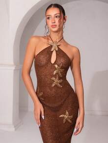juhmazzocco Spring/Summer Solid Brown Coffee Color Tight-Fitting Sheer Mesh Knitted Crochet Starfish Decal Bodycon Mini Dress, Beach Cover-Up, Crochet Dress, Summer Dress,Valentine's Day,Valentine Outfits For Women - Brown - View 1