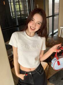 DAZY Women's Round Neck Steel Stamped Casual Short Sleeve T-Shirt - Grey - View 7