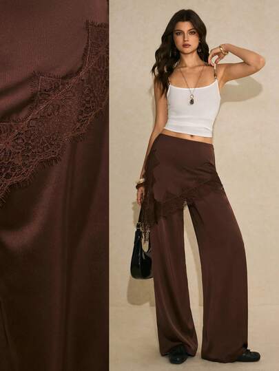Poéselle Women's Pants Chocolate Satin Wide-Leg Pants With Asymmetric Lace Overlay – High-Waist Silky Lounge Trousers For Women Satin Wide Leg Pants Chocolate Brown Trousers Lace Trim Pants High Waist Lounge Pants Silky Wide Leg Bottoms Quiet Luxury Style Contrast Lace Design 2 In 1 Fashion Pants Spring Outfit Women Valentine's Day Brown Pants Boho Pants For Women