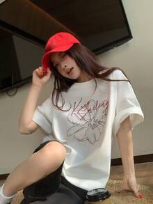 DAZY 女士甜美线条花卉印花短袖T恤，宽松版型，百搭白色纯棉休闲上衣，印花T恤，女款加大码 - 白色 - 查看 9