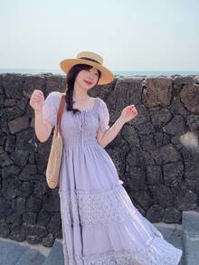 DAZY Women's High-Density Cotton Blend Purple & Blue Contrast Lace Waist Dress, French Design Elegant Long Dress - Mauve Purple - View 9