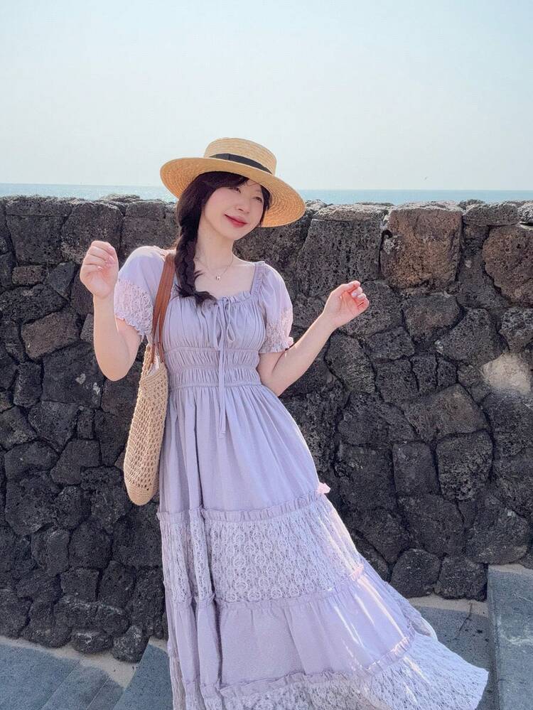 Women's High-Density Cotton Blend Purple & Blue Contrast Lace Waist Dress, French Design Elegant Long Dress Summer