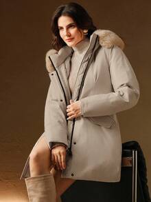 Anewsta 厚实长款蓬松毛领内衬收腰派克大衣，女式冬季夹克 - 米色 - 查看 5
