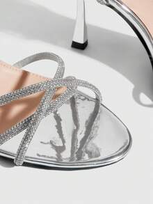 CUCCOO SZL 女士经典简约闪亮水钻细高跟凉鞋交叉绑带设计宴会派对舞蹈性感时尚晚宴通勤女鞋 - 銀色 - 查看 7