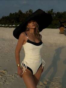 Bonvoyette 2026新款女士夏季沙滩度假黑白褶皱抽绳高腰吊带露背吊带背心和比基尼两件套 - 杏色 - 查看 4