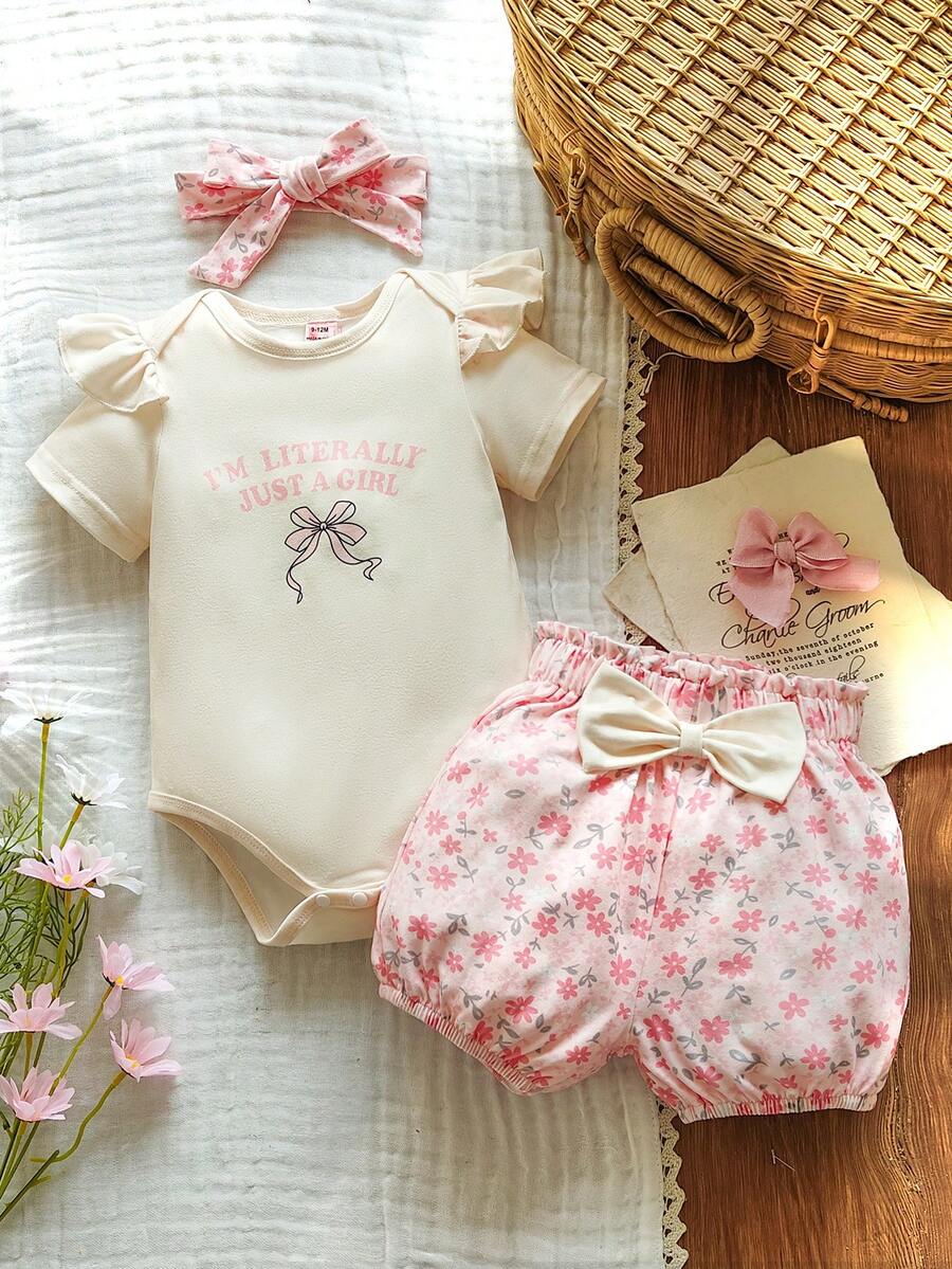 SHEIN Playful Pals 3件組嬰兒可愛休閒外出圓領羅紋刺繡荷葉袖連身衣+短褲+蝴蝶結髮帶套裝,春秋款 - 粉色 - 查看 1