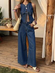 DAZY 女士圆领无袖蝴蝶结背心和宽松直筒牛仔裤休闲套装 - 中等水洗藍 - 查看 3