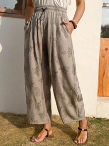 Quần lửng nữ họa tiết Paisley, cạp chun, dáng rộng, có dây rút. - Màu Khaki - Xem 5
