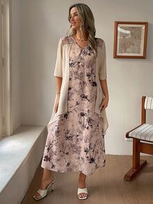 Vivie Lora Women's Chiffon Flowy 2 In 1 Floral Print Elegant Mid-Length Dress Sundress Summer - Apricot - View 4