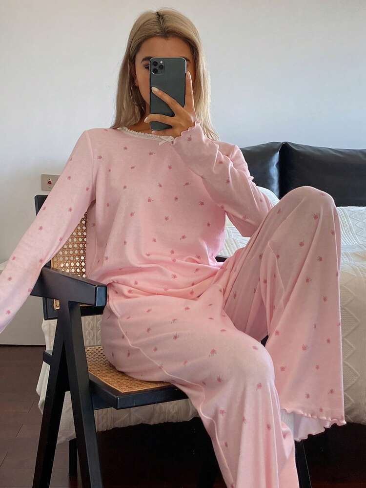 Ditsy Floral Trim Collar Women Pajama Set