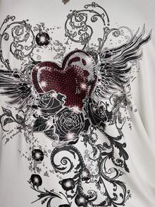 SHEIN ICON Áo thun nữ cỡ lớn họa tiết punk, vai lệch, dáng rộng - trắng - Xem 5