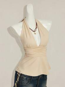 SHEIN ICON Áo tank top babydoll đen hở lưng cổ yếm dành cho nữ dịp Halloween - Màu be - Xem 8