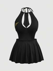 ROMWE Anime Plus Size Sexy Halter Backless Dress And Thong Lingerie Set - Black - View 1