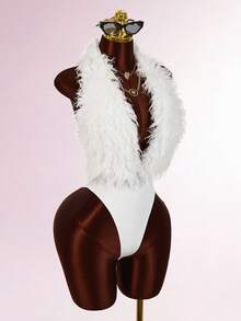 Amplova Wine Red Furry Halter Neck Sexy Bodysuit For Party - White - View 5