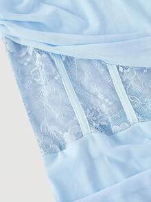 SHEIN MOD 白色蕾丝褶皱网纱连衣裙 - 藍色 - 查看 3