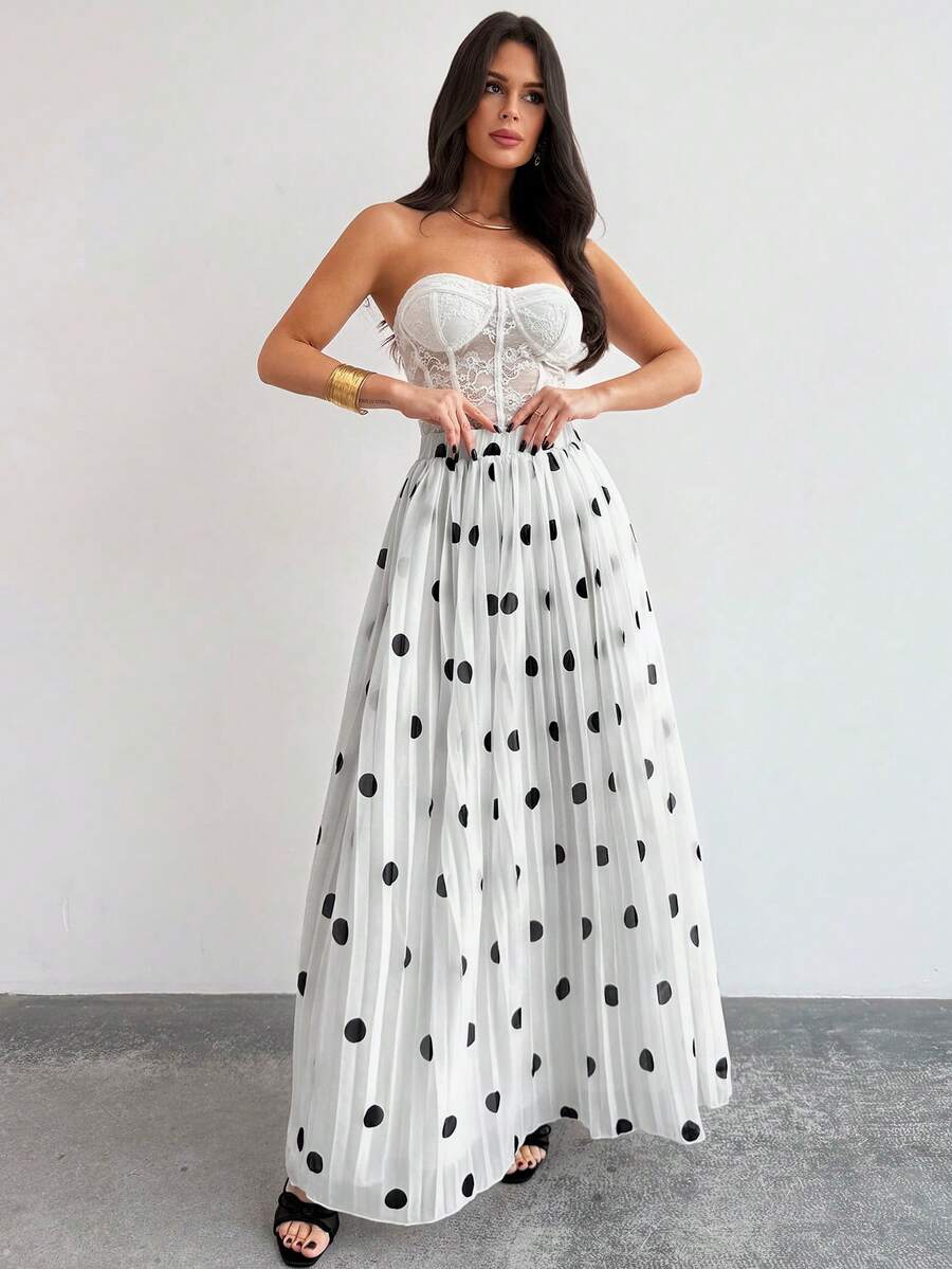 Firerie 女士优雅黑白波点褶裥A字裙 - 黑與白 - 查看 1