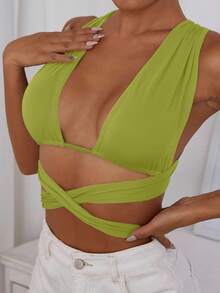 Glamine 女士纯色无袖交叉吊带背心 - 青檸色 - 查看 6