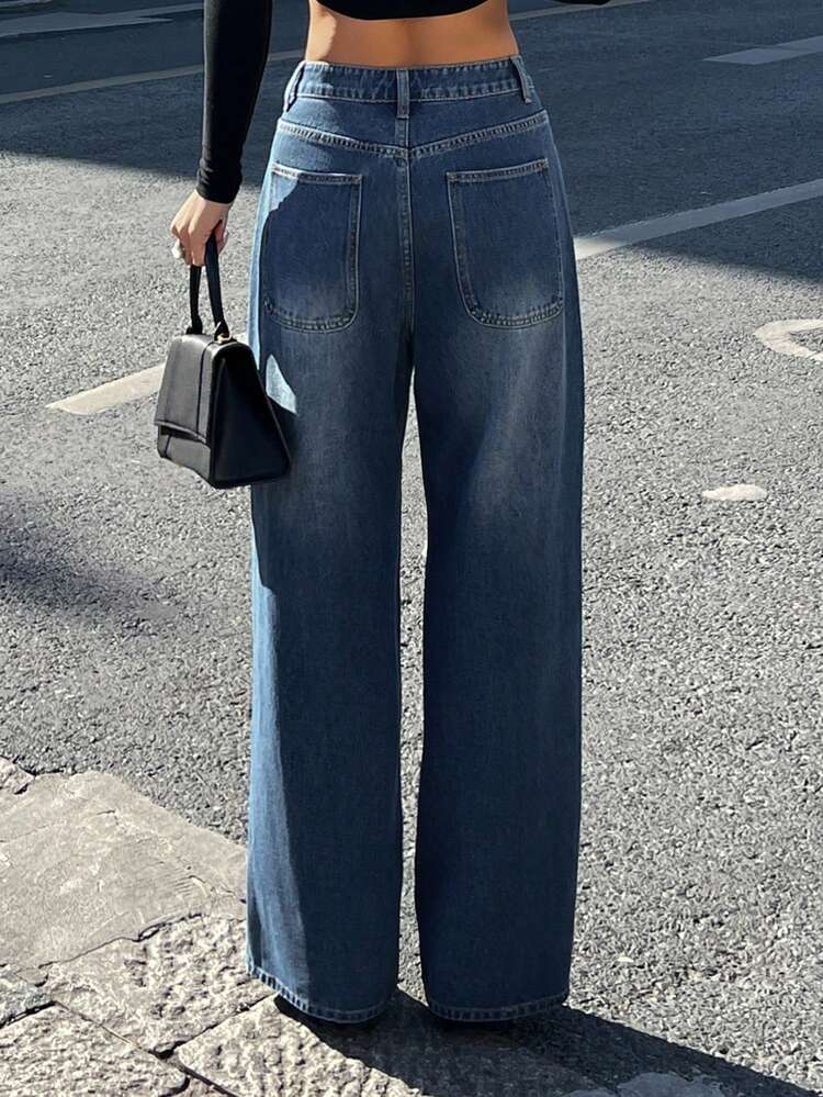 Women's Distressed Folded Waist Design Denim Jeans