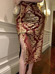 DAZY 夏季女士优雅花卉撞色立领无袖开衩中长连衣裙，东方美学 - 紅色 - 查看 5