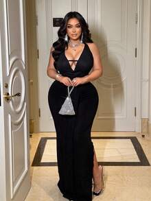 NU&NOW Plus Size Backless Halter Neck Sexy Top And Long Skirt 2 Pieces Set - Black - View 5