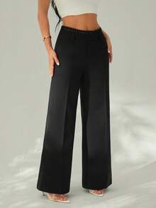 SHEIN PETITE Elegant Contrast Lace Dress Pants, Suitable For Spring/Summer - Black - View 3