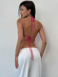 Aloruh Áo hai dây dệt kim phối màu hở lưng dành cho nữ, áo kiểu trễ vai cổ yếm hở lưng, thích hợp cho mùa xuân/hè. - Hồng - Xem 10