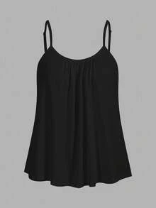 SHEIN EZwear 3件套加大码女式褶皱宽松吊带背心，黑色+雾霾蓝+黑白格子图案，可调节肩带，适合春夏穿着 - 彩色 - 查看 6