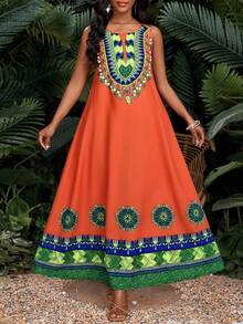 SHEIN Lady 女士印花圆领无袖休闲宽松中长连衣裙 - 彩色 - 查看 3