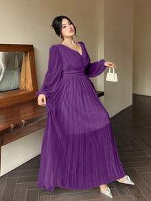 Vibekara 浪漫V领露背长袖连衣裙，飘逸优雅的希腊风格白色女神礼服 - 紫色 - 查看 4