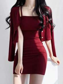 DAZY Ladies' Single Breasted Long Sleeve Top And Cami Dress Set Summer, Women Two Pieces Sets Lounge Sets For Women - Burgundy - View 2