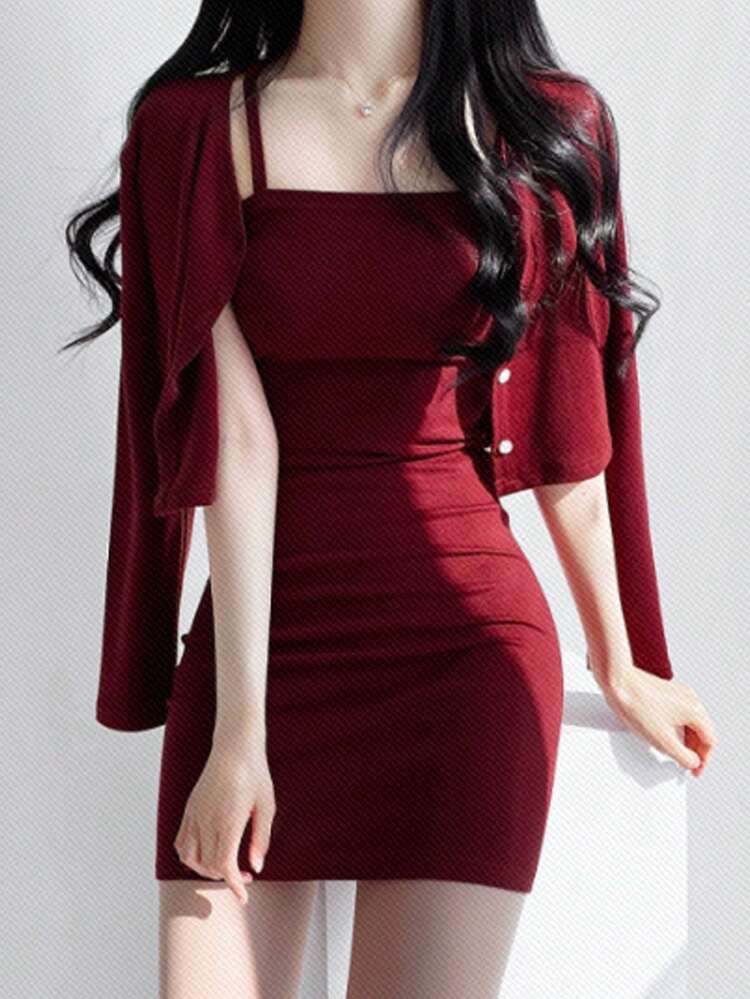 2pcs Women's Solid Color Korean Style Camisole Dress & Long Sleeve Cardigan Set