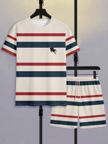 Claim Dot Bộ đồ nam thường ngày kẻ sọc cổ tròn tay ngắn gồm áo thun và quần short, thích hợp cho mùa hè. - Nhiều màu - Xem 2