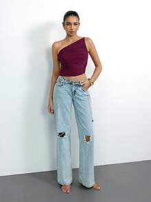 Maija Women's 2026 Summer New Elegant Party & Office Commute Solid Color Asymmetric Design One Shoulder Tie Ruched Fitted Top For Women Sexy St Patrick's Day Women Easter Summer Easter Women Party Top Beach Summer Holiday Each Vacation For Women Summer For Women Going Out Graduation Casual Top For Women - Red Violet - View 6
