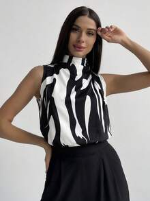 Firerie Blusa de mujer de cuello alto sin mangas con estampado geométrico/abstracto en forma de H - Negro - Ver 6