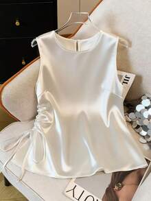 Franclia Women's Casual Satin Pleated Sleeveless Blouse - White - View 5