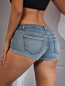 SHEIN ICON 女式性感低腰修身迷你牛仔短裤，夏季 - 中等水洗藍 - 查看 2