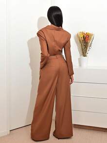 Mima John 短款垫肩剪裁西装外套仅限街头服饰可爱优雅休闲性感外出秋季太妃糖 - 棕色 - 查看 2