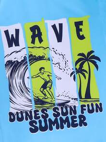 SHEIN 3pcs Kids/Tween Boys' Casual Versatile Printed Rash Guard Set, Including Crew Neck Short Sleeve Swimsuit, Long Sleeve Wetsuit, And Printed Swim Trunks - Multicolor - View 7