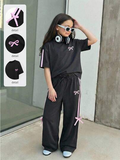 SHEIN Tween Girls' Casual Loose Comfortable Round Neck Short Sleeve T-Shirt And Pants Set