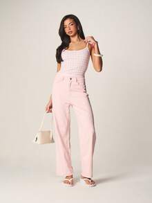 MISSGUIDED Quần jeans ống đứng cạp trung bình, chất liệu denim, họa tiết sọc dọc màu hồng, kiểu dáng rộng rãi, thích hợp mặc mùa hè, xuân, có túi hai bên. - Hồng - Xem 4