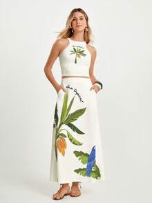 CAJUNI x Carol Peixinho Jupe longue imprimé tropical décontractée pour vacances, jupe longue tropicale, tenue de resort pour femmes, jupe maxi imprimé tropical, tenue de resort pour femmes, jupe imprimé tropical - Crème - Voir 5