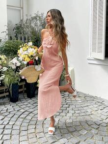 Sylviya Women's Casual 3D Floral Halter Slit Dress,Vacation - Pink - View 5