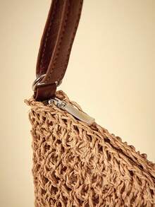 Travachic Letter Patch Decor Straw Bag,Mother's Day Gift For Mom, Beach Essentials Women Bags For Vacation & Holiday, Summer Straw Beach Bag For Women, Vacation Essentials, Perfectly Matching With Beach Accessories Women, Hottest Beach Bags For Women - Khaki - View 3