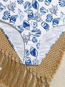 SHEIN 少女夏季时尚优雅可爱蓝白贝壳印花针织可调节肩带连体泳衣，适合度假、海滩、泳池、节日派对等场合 - 彩色 - 查看 5