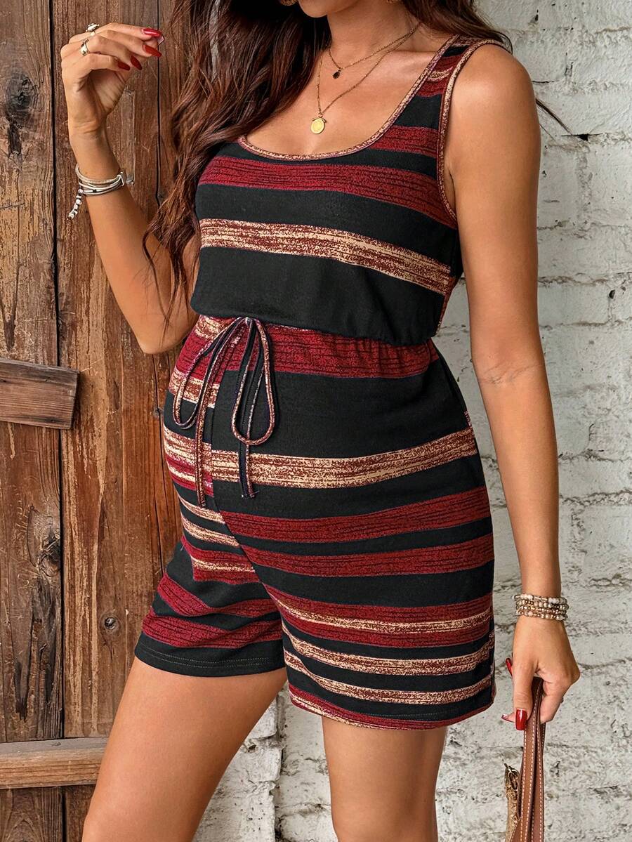 SHEIN 孕妇U领无袖条纹休闲舒适透气连体裤 - 彩色 - 查看 1