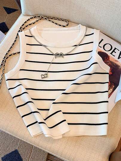 SHEIN Tall CURVE 大码女式条纹圆领休闲百搭背心