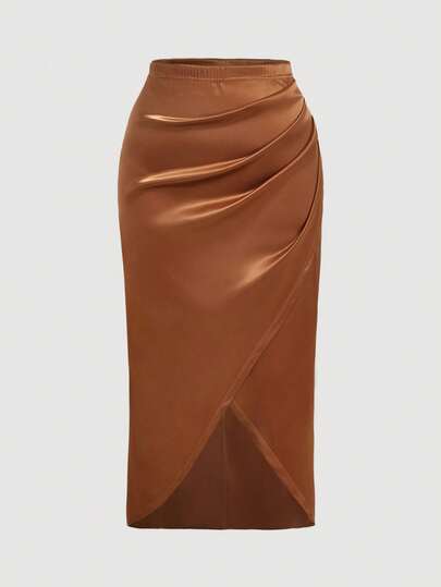 SHEIN MOD Plus Size Asymmetric Slit High Waist Brown Retro Skirt, Fitted Party Cocktail Skirt