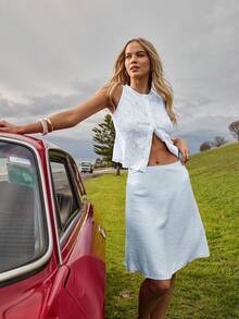 Aralina Winter/ Fall Picot Trim On Waistband A Line Flowy Cute Midi Skirt Perfect For Homecoming Graduation - Baby Blue - View 3