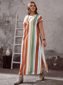 EMERY ROSE 大码夏季度假条纹V领蝙蝠袖侧开衩连衣裙，夏季沙滩度假装，波西米亚风女装，度假连衣裙，条纹夏季连衣裙，夏季休闲连衣裙，长款夏季连衣裙，女士夏季连衣裙，女士野餐连衣裙，女士沙滩装，女士休闲连衣裙，女士夏季沙滩装，女士休闲度假装，女士乡村音乐会服装，荷叶边 - 彩色 - 查看 3