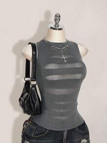SHEIN ICON Plus Size Y2K Sheer Distressed Sexy Camisole Top, Going Out Tops - Dark Grey - View 8